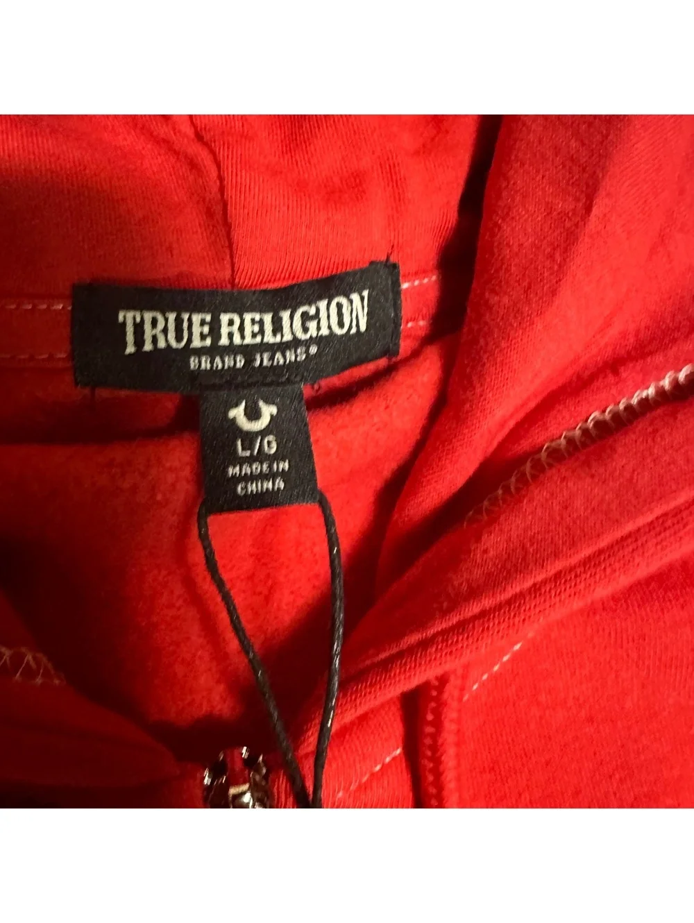 True religion, Red, men’s Buddha graphic full zip hoodie, large